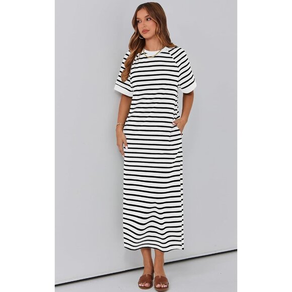 Women's Summer Cotton-Polyester Striped Maxi Dress with Pockets and Slit - Picture 7 of 8